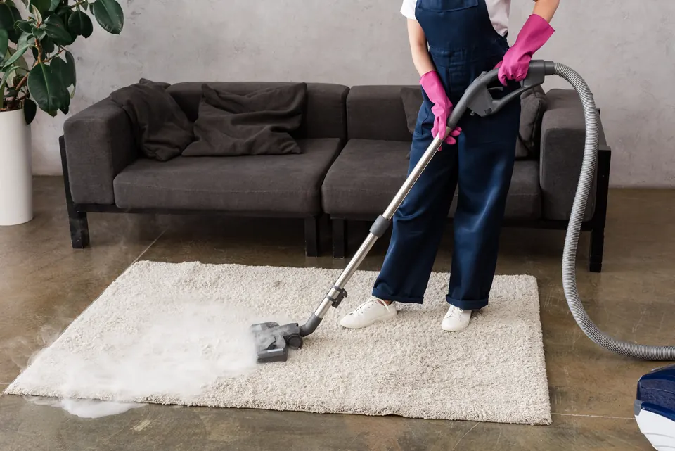 Técnico lavando una alfombra de salón con máquina de inyección y extracción en un domicilio de Barcelona